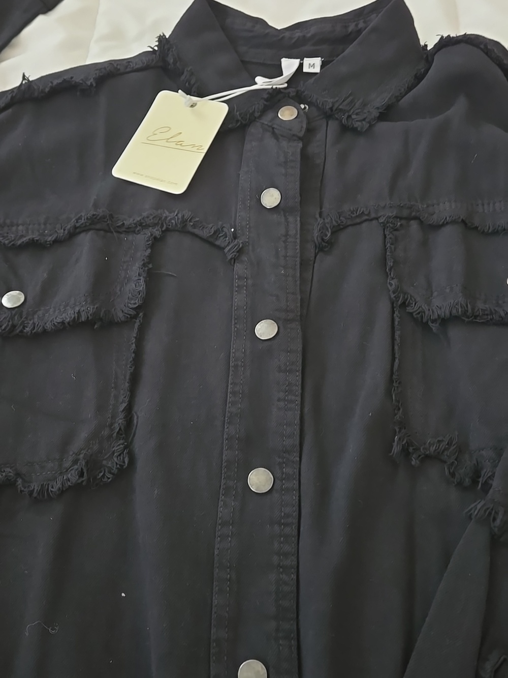 Elan Frayed Button-Front Black Shirt Jacket W/Rock & Roll raised Lettering
